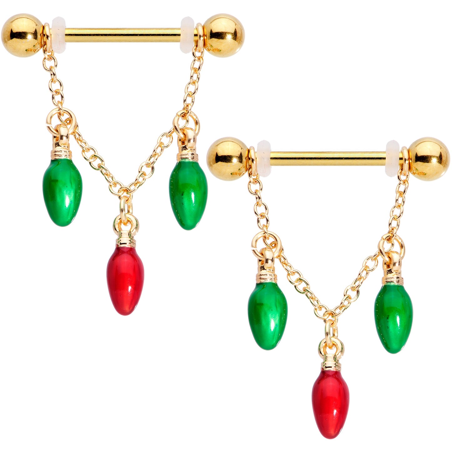 14 Gauge 9/16 Gold Tone Bulb Christmas Chain Dangle Nipple Ring Set