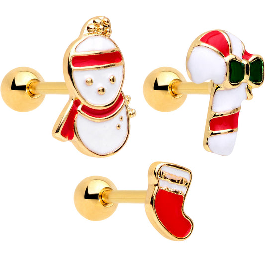 16 Gauge 1/4 Gold Tone Snowman Christmas Cartilage Tragus Set of 3