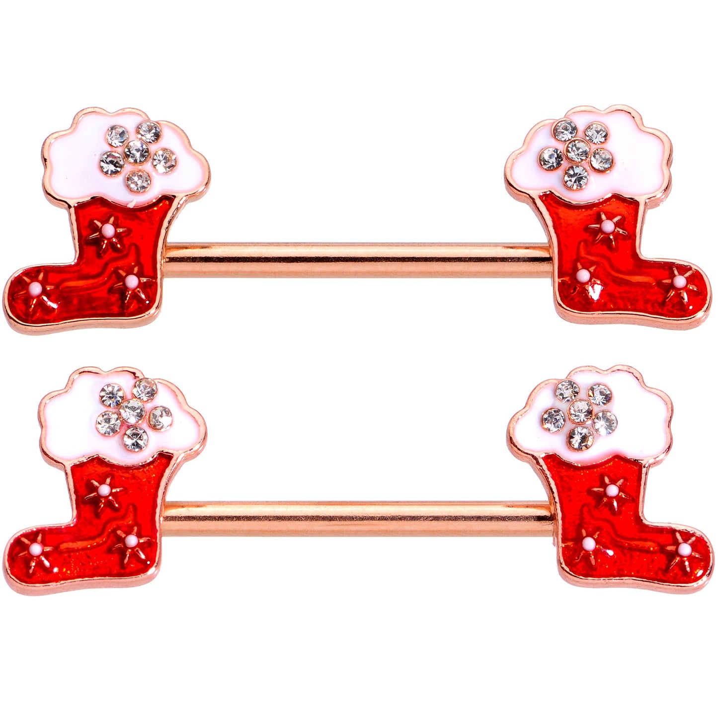 14 Gauge 9/16 Rose Gold Tone Stocking Christmas Nipple Ring Set