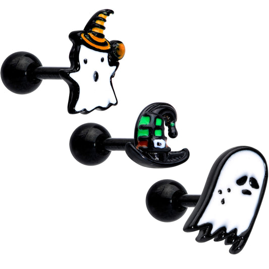 16 Gauge 1/4 Black Hat Sad Ghost Halloween Cartilage Tragus Set of 3