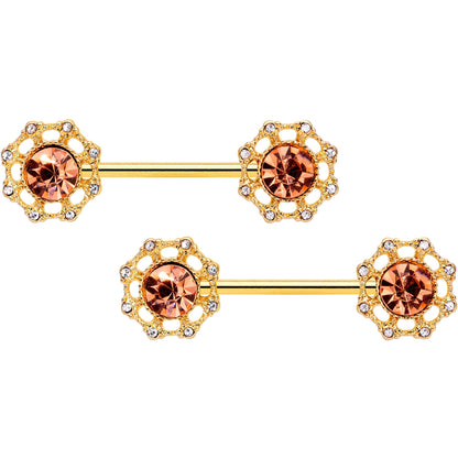 14 Gauge 9/16 Clear Pink CZ Gem Gold Tone Sunburst Nipple Ring Set