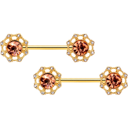 14 Gauge 9/16 Clear Pink CZ Gem Gold Tone Sunburst Nipple Ring Set