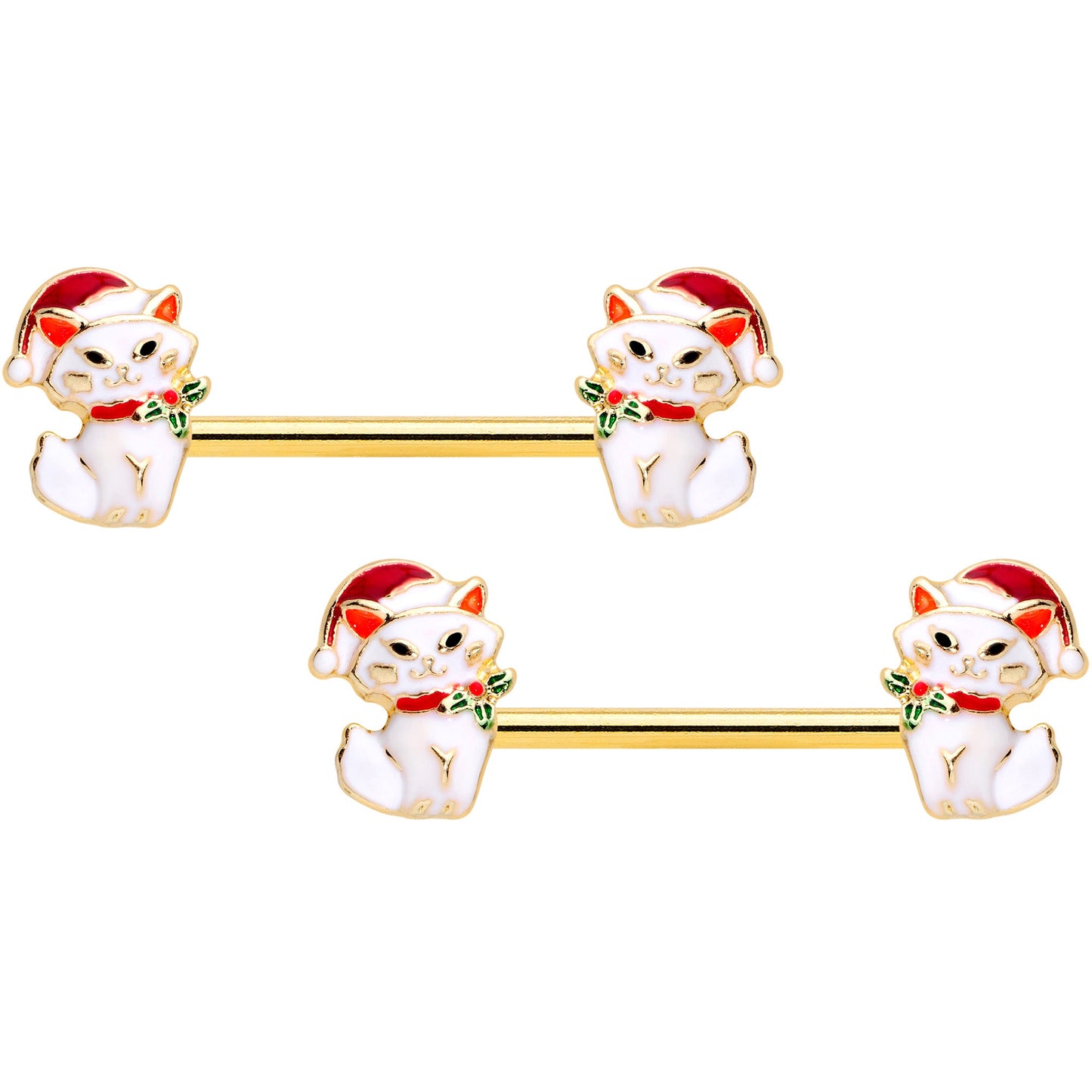 14 Gauge 9/16 Gold Tone Cat Santa Christmas Barbell Nipple Ring Set