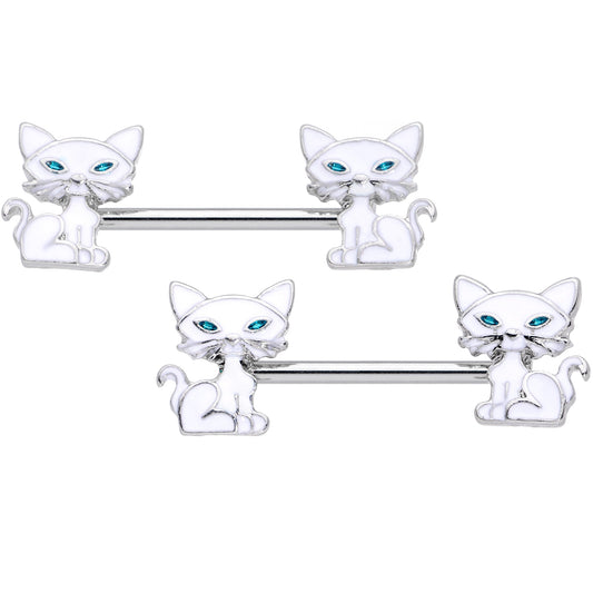 14 Gauge 9/16 Blue Eyed White Cat Barbell Nipple Ring Set