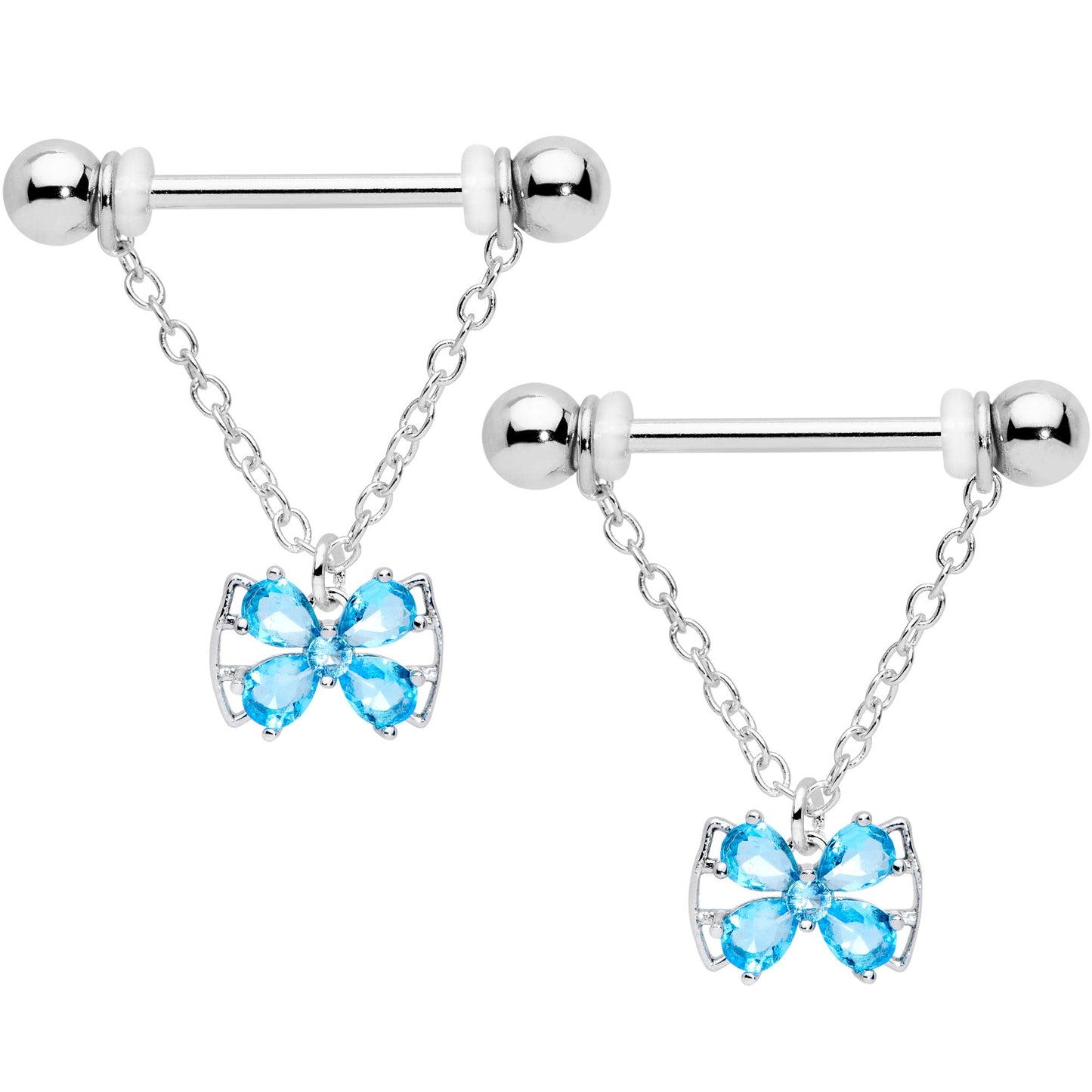 14 Gauge 11/16 Aqua CZ Gem Beauty Bow Chain Dangle Nipple Ring Set