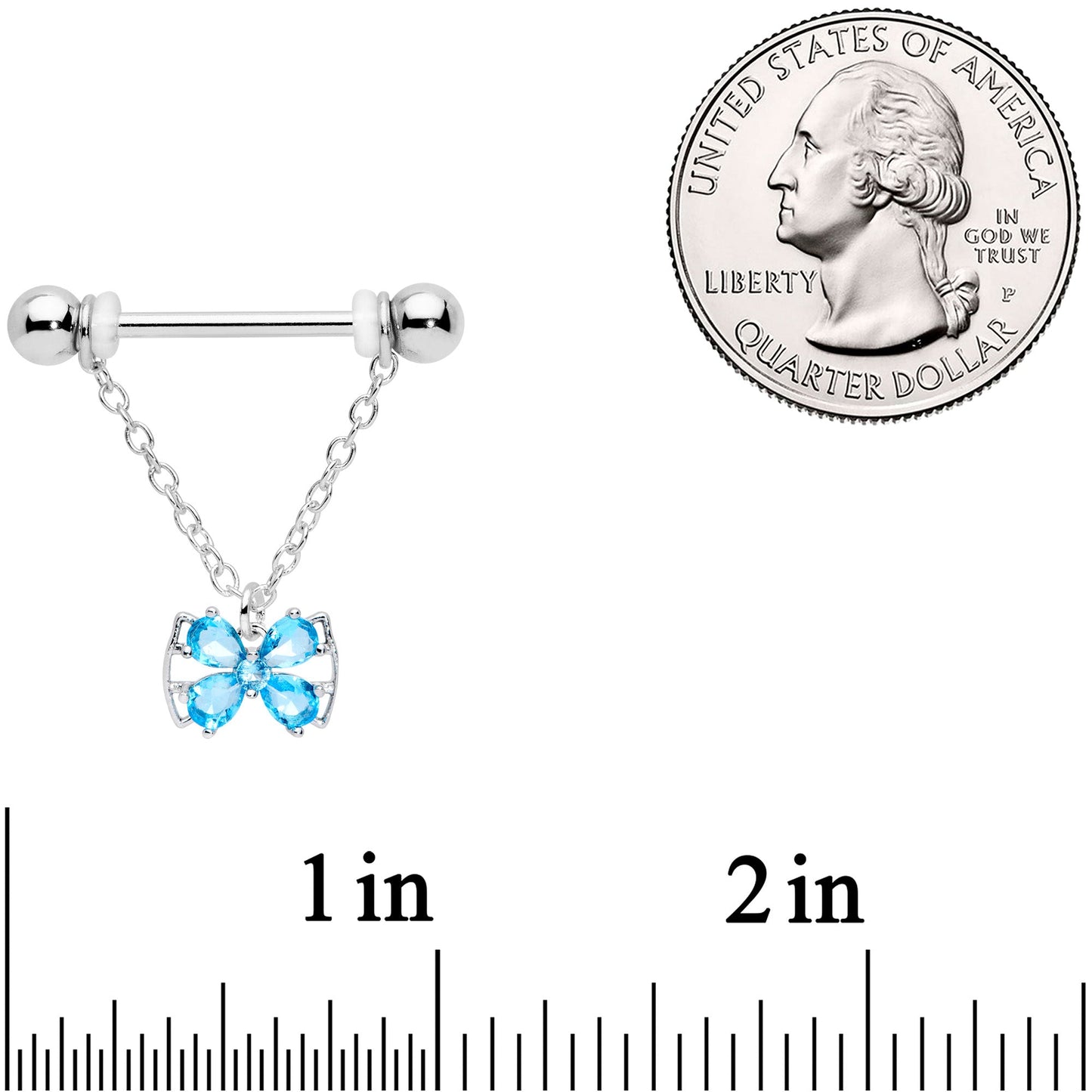 14 Gauge 11/16 Aqua CZ Gem Beauty Bow Chain Dangle Nipple Ring Set