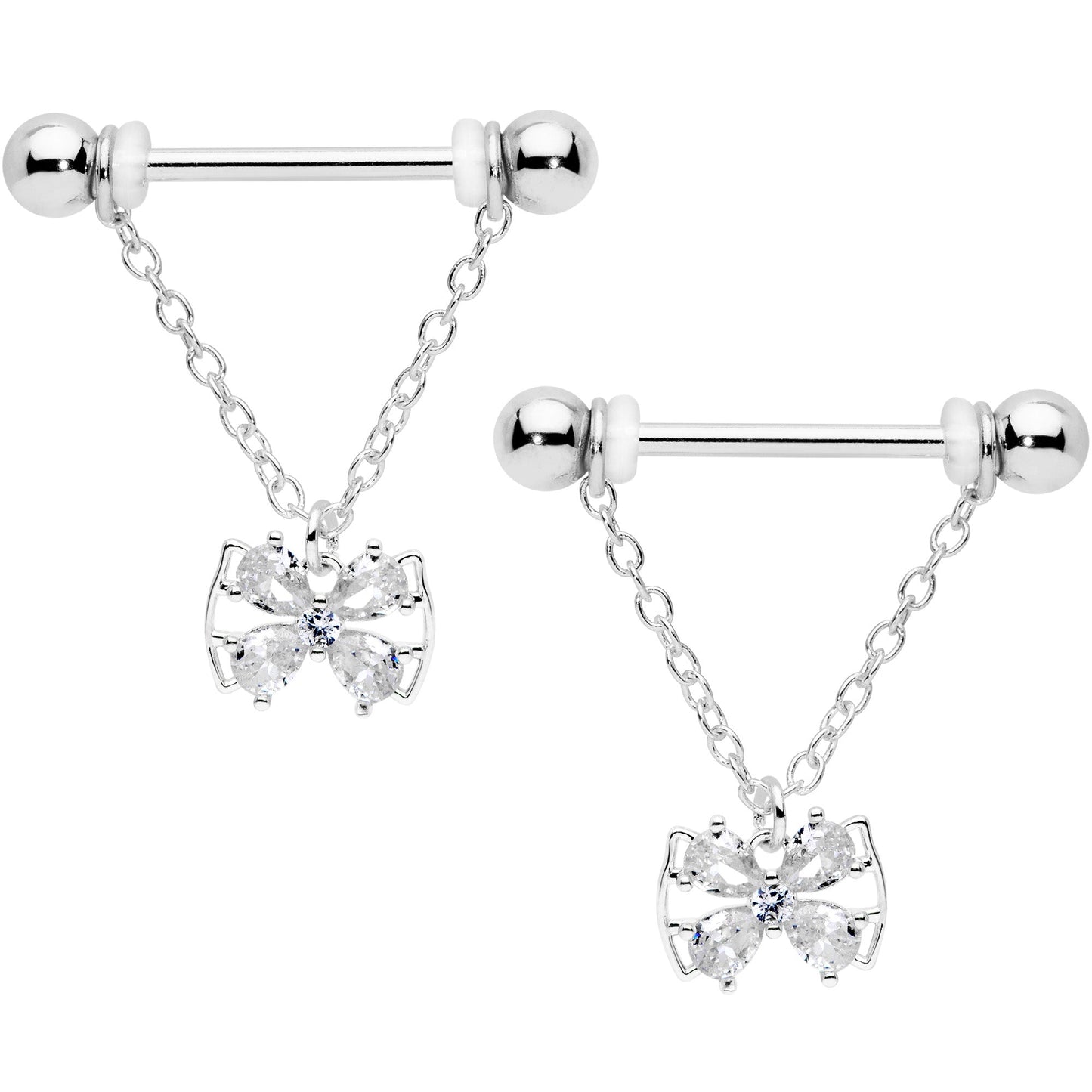 14 Gauge 11/16 Clear CZ Gem Beauty Bow Chain Dangle Nipple Ring Set