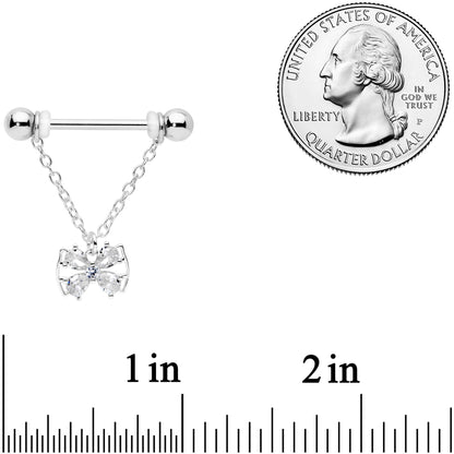 14 Gauge 11/16 Clear CZ Gem Beauty Bow Chain Dangle Nipple Ring Set