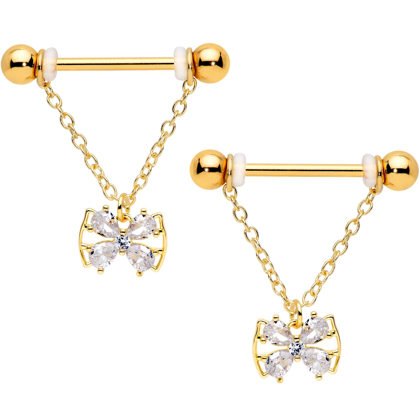 14 Gauge 11/16 Clear CZ Gem Gold Hue Beauty Bow Chain Nipple Ring Set