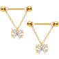 14 Gauge 11/16 Clear CZ Gem Gold Hue Beauty Bow Chain Nipple Ring Set