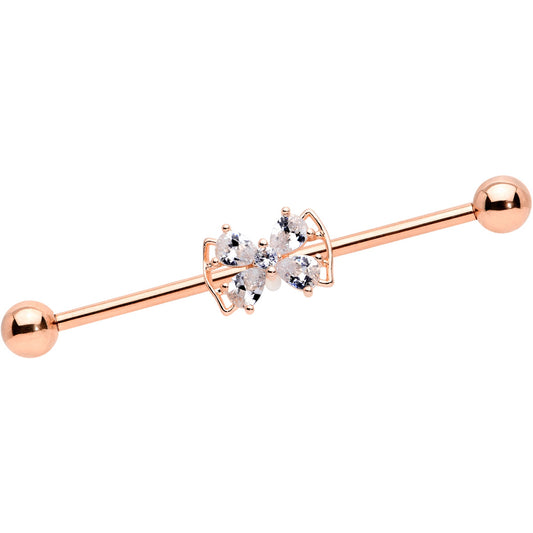 14 Gauge Clear CZ Gem Rose Gold Hue Beauty Bow Industrial Barbell 38mm