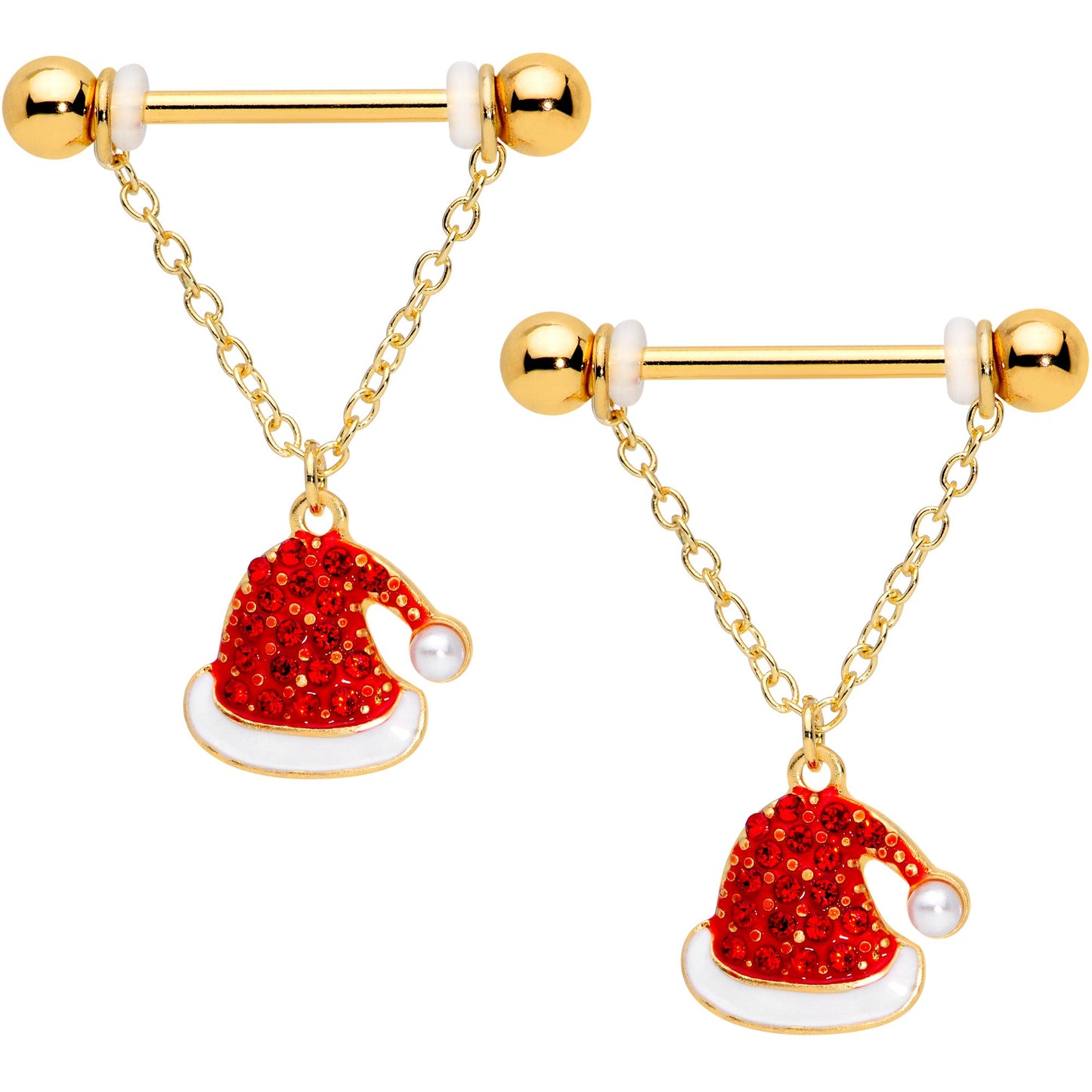 14 Gauge 9/16 Red Gem Gold Tone Santa Christmas Dangle Nipple Ring Set