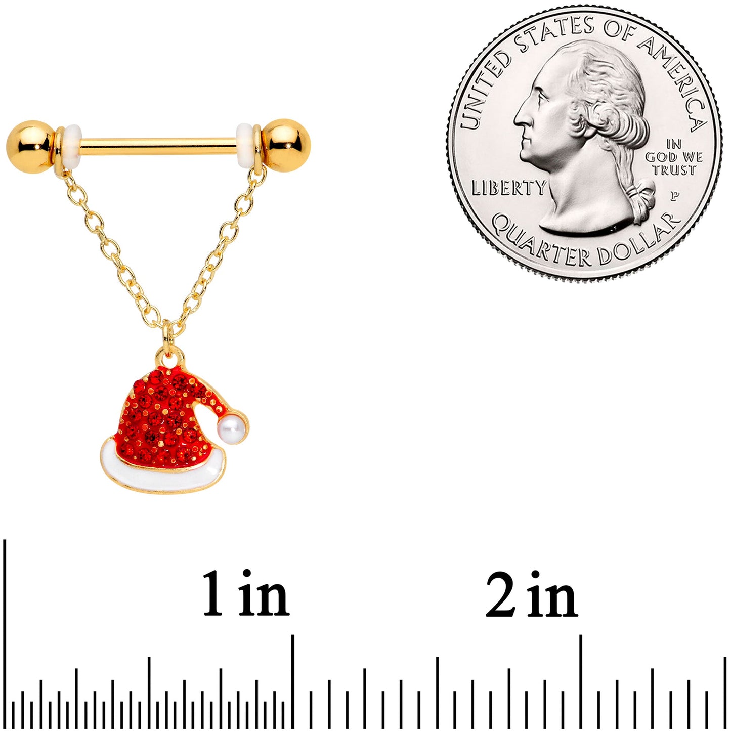 14 Gauge 9/16 Red Gem Gold Tone Santa Christmas Dangle Nipple Ring Set