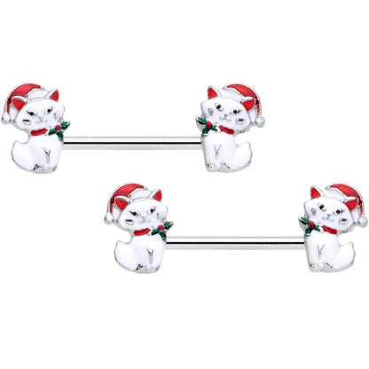 14 Gauge 9/16 White Cat Santa Hat Christmas Barbell Nipple Ring Set