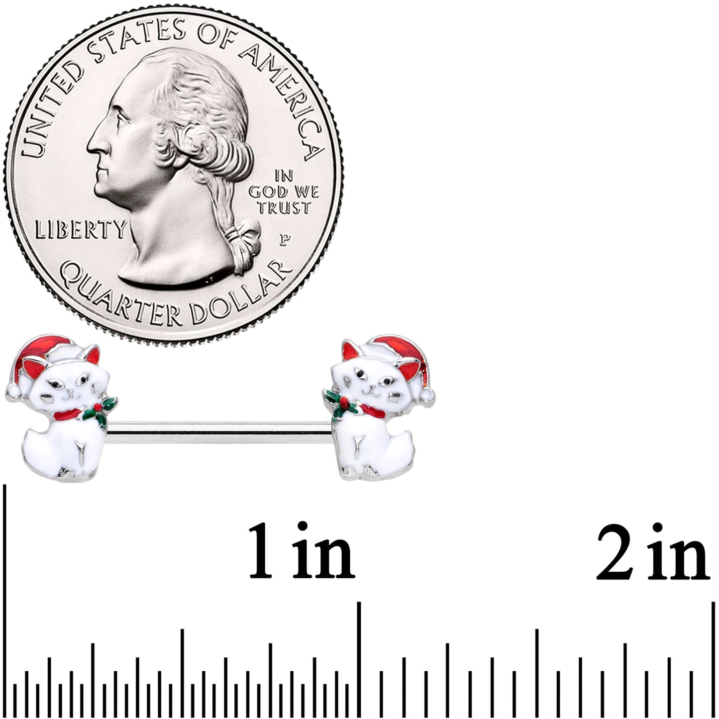 14 Gauge 9/16 White Cat Santa Hat Christmas Barbell Nipple Ring Set