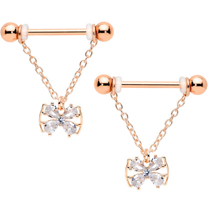 14 Gauge 11/16 Clear CZ Gem Rose Gold Hue Bow Chain Nipple Ring Set