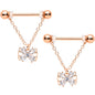 14 Gauge 11/16 Clear CZ Gem Rose Gold Hue Bow Chain Nipple Ring Set