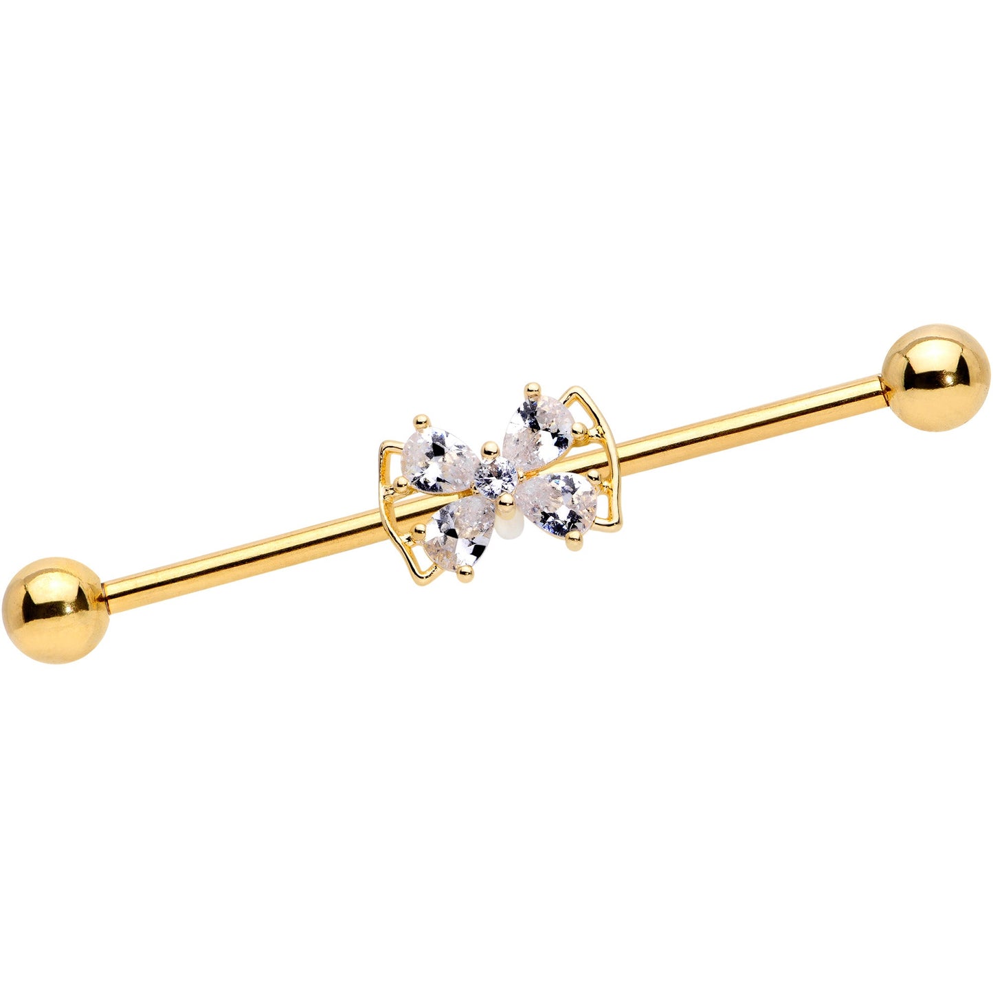 14 Gauge Clear CZ Gem Gold Tone Beauty Bow Industrial Barbell 38mm