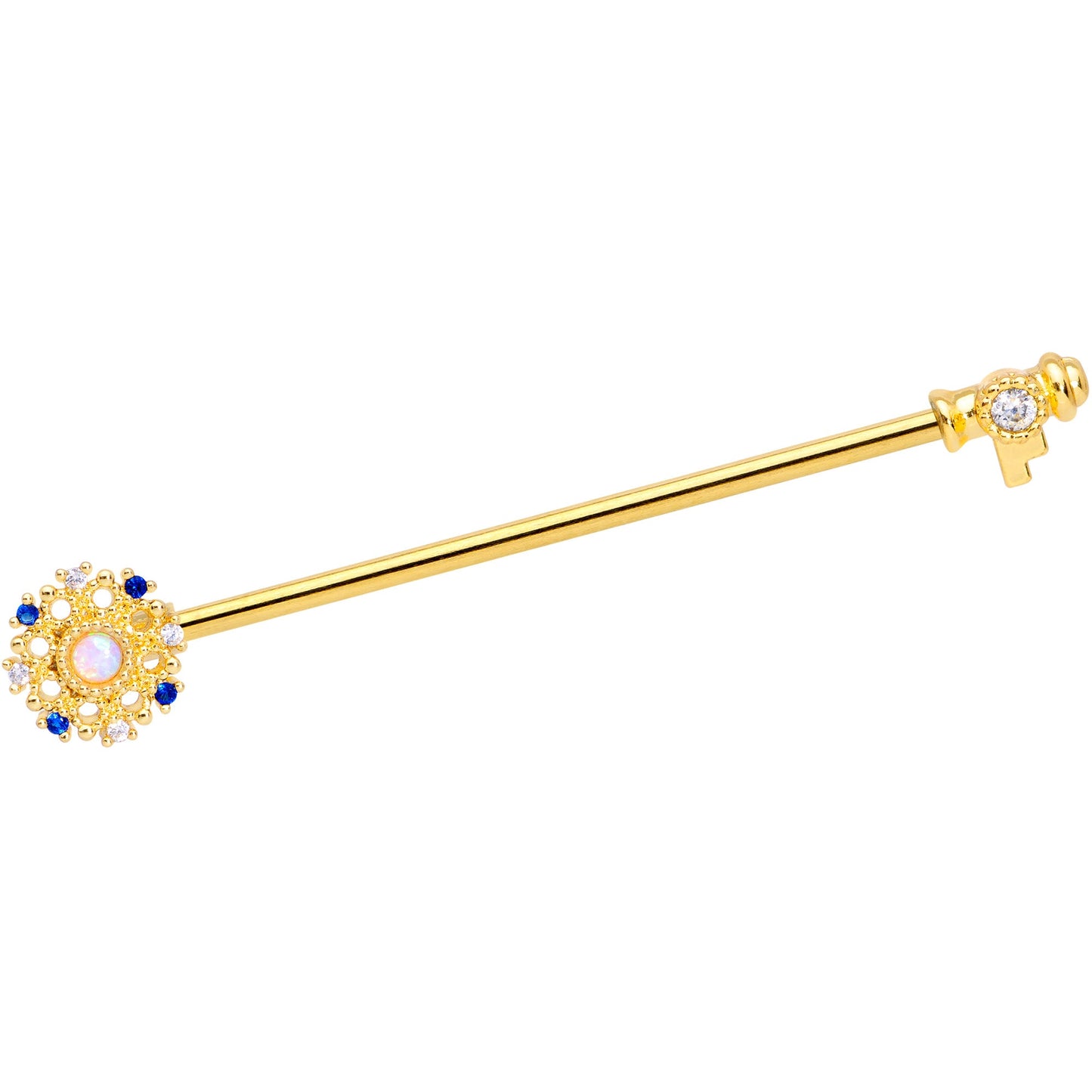 14 Gauge White Synthetic Opal Gold Tone Key Industrial Barbell 38mm