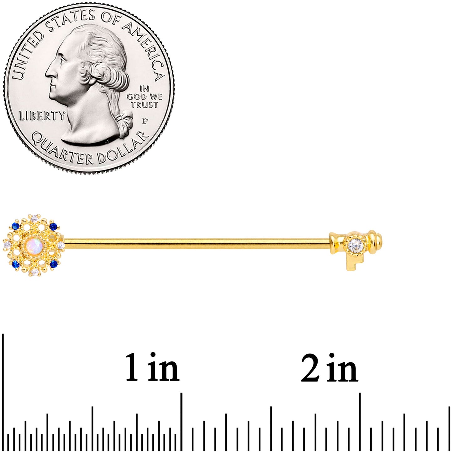 14 Gauge White Synthetic Opal Gold Tone Key Industrial Barbell 38mm