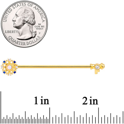 14 Gauge White Synthetic Opal Gold Tone Key Industrial Barbell 38mm