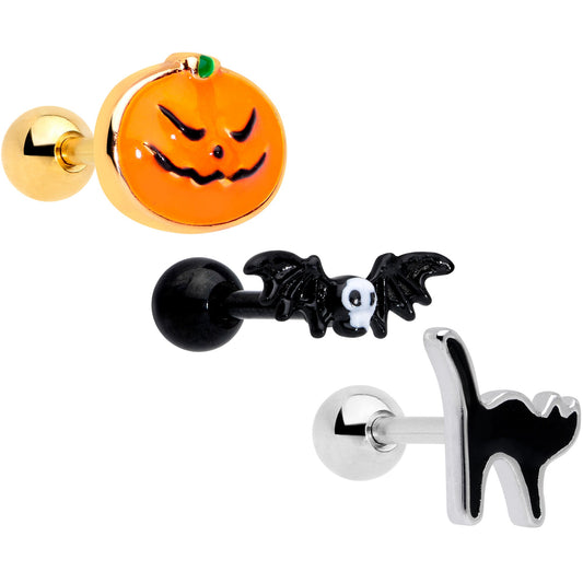 16 Gauge 1/4 Gold Tone Black Cat Halloween Cartilage Tragus Set of 3