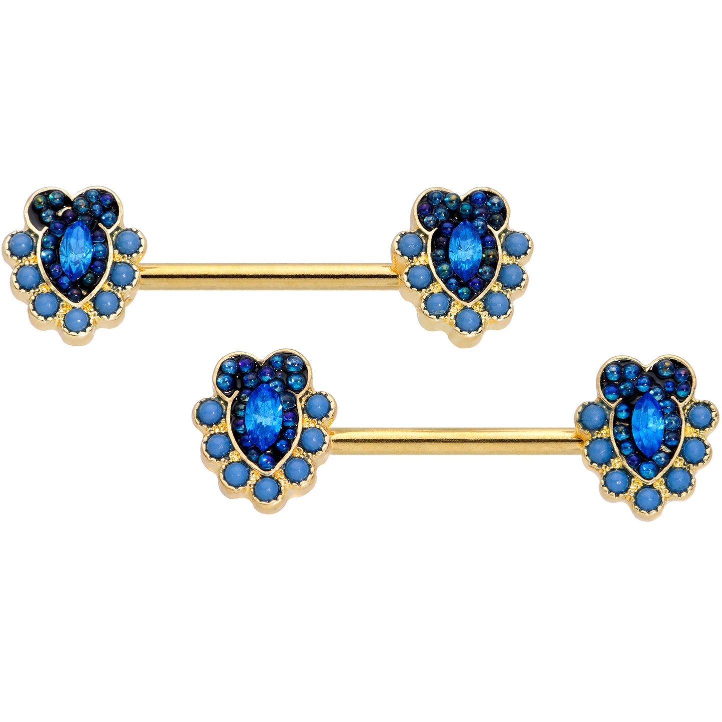 14 Gauge 9/16 Blue Gem Gold Tone Opulent Oval Barbell Nipple Ring Set