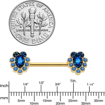 14 Gauge 9/16 Blue Gem Gold Tone Opulent Oval Barbell Nipple Ring Set