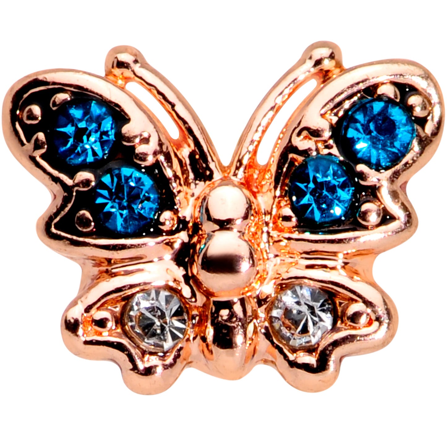 20 Gauge 5/16 Clear Blue Gem Rose Gold Tone Glam Butterfly Nose Hoop