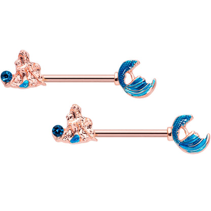 14 Gauge 9/16 Aqua Gem Rose Gold Tone Gazing Mermaids Nipple Ring Set