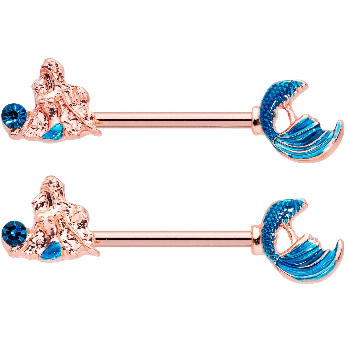 14 Gauge 9/16 Aqua Gem Rose Gold Tone Gazing Mermaids Nipple Ring Set