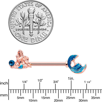 14 Gauge 9/16 Aqua Gem Rose Gold Tone Gazing Mermaids Nipple Ring Set