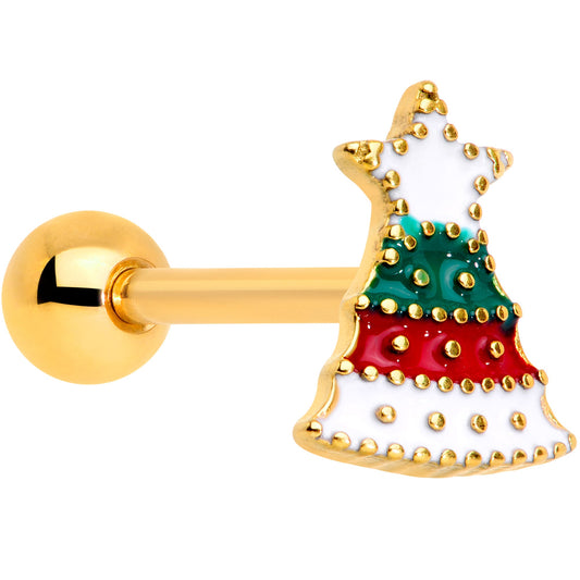 Gold Tone Red Green White Holiday Tree Christmas Barbell Tongue Ring