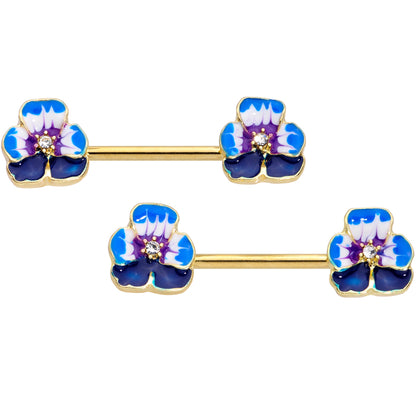 14 Gauge 9/16 Clear Gem Gold Tone Blue Spring Flower Nipple Ring Set