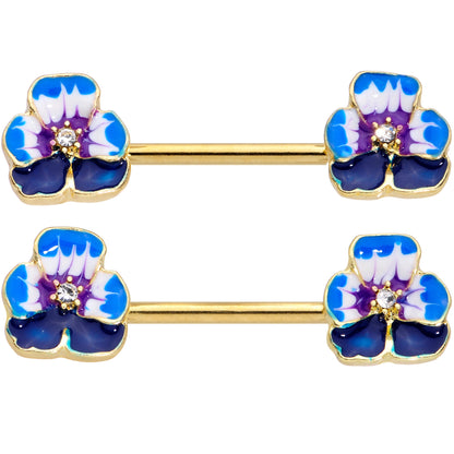 14 Gauge 9/16 Clear Gem Gold Tone Blue Spring Flower Nipple Ring Set