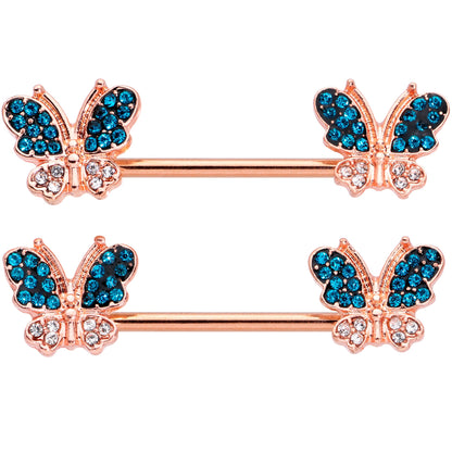 14 Gauge 9/16 Clear Aqua Gem Rose Gold Tone Butterfly Nipple Ring Set