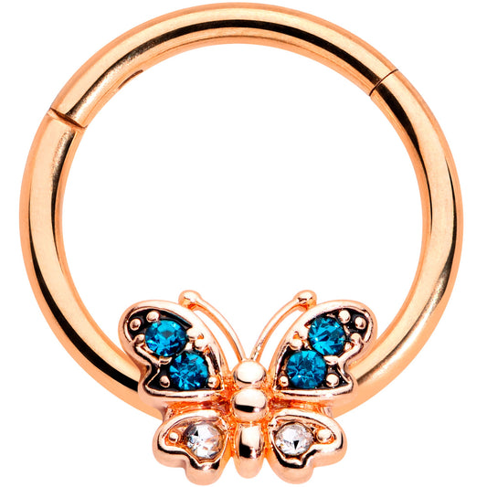 16 Gauge 3/8 Aqua Gem Rose Gold Tone Butterfly Hinged Segment Ring