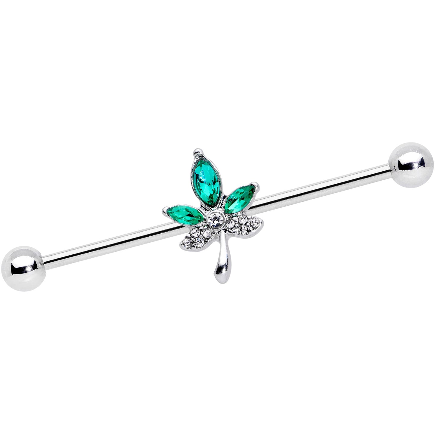 14 Gauge Clear Green Gem Pot Leaf Industrial Barbell 38mm