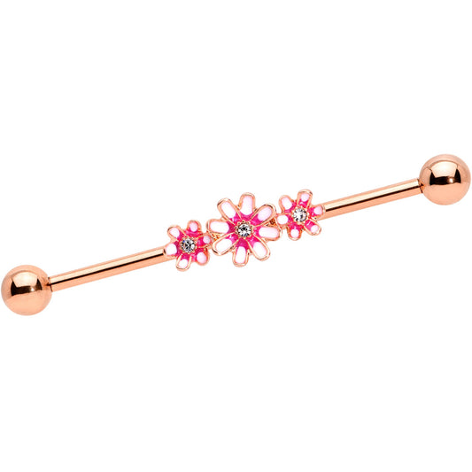 14 Gauge Clear Gem Rose Gold Tone Pink Flowers Industrial Barbell 38mm