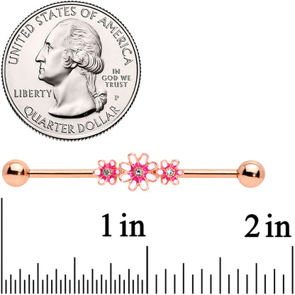 14 Gauge Clear Gem Rose Gold Tone Pink Flowers Industrial Barbell 38mm