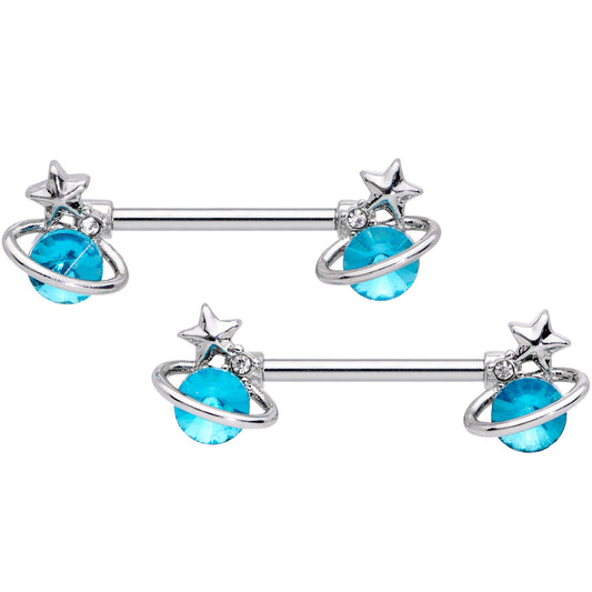 14 Gauge 9/16 Aqua Gem Star Saturn Barbell Nipple Ring Set