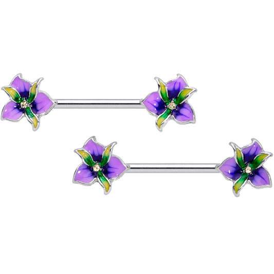 14 Gauge 9/16 Clear Gem Purple Iris Flower Barbell Nipple Ring Set