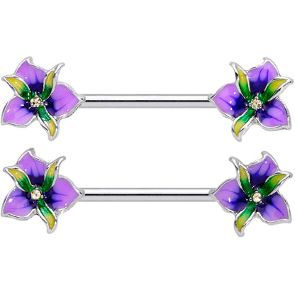 14 Gauge 9/16 Clear Gem Purple Iris Flower Barbell Nipple Ring Set