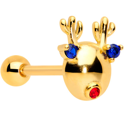 Blue Red CZ Gem Gold Tone Reindeer Christmas Barbell Tongue Ring