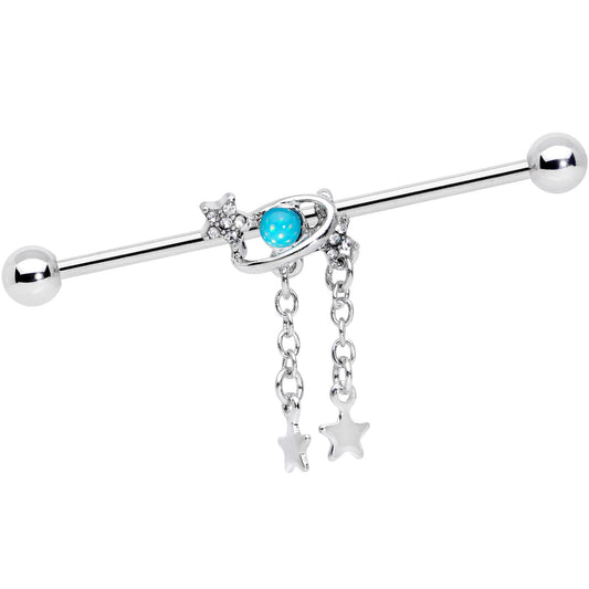 14 Gauge Clear Aqua Gem Saturn Stars Dangle Industrial Barbell 38mm