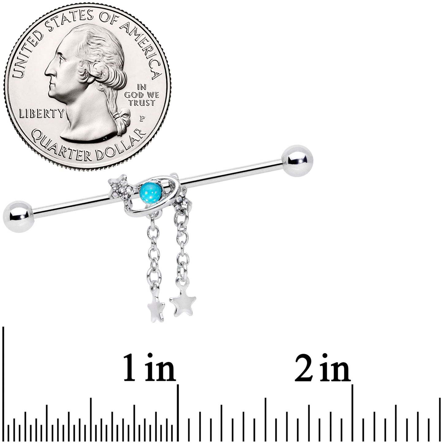 14 Gauge Clear Aqua Gem Saturn Stars Dangle Industrial Barbell 38mm