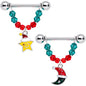 14 Gauge 9/16 Red Green Gem Star Moon Christmas Dangle Nipple Ring Set