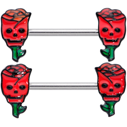 14 Gauge 9/16 Skull Red Roses Valentine Barbell Nipple Ring Set