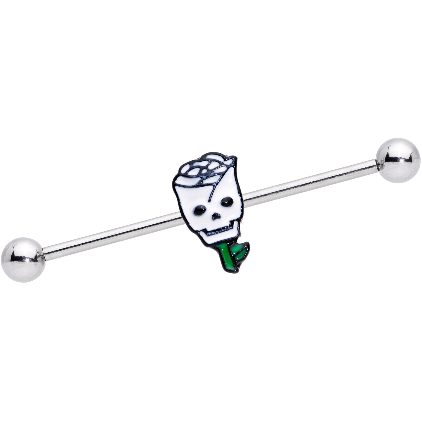 14 Gauge Skull White Rose Valentines Industrial Barbell 38mm