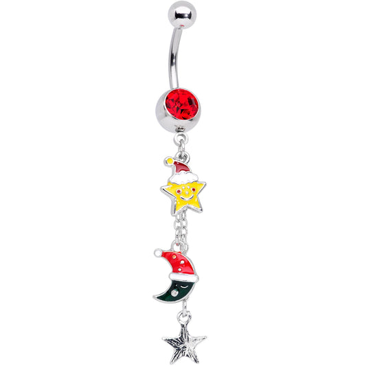 Red Gem Santa Hat Moon Star Christmas Dangle Belly Ring